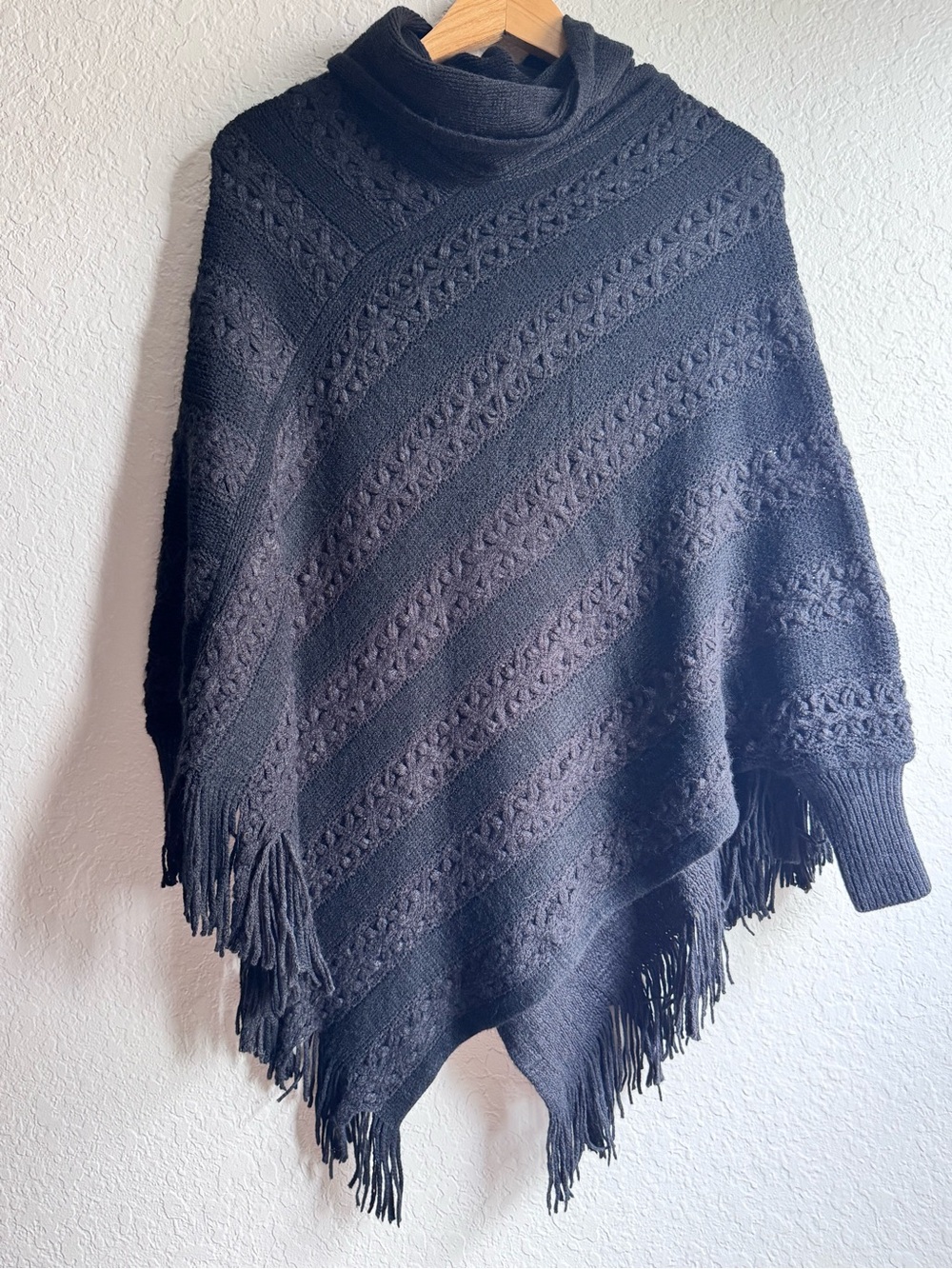 Black Cable Knit Cowl Neck Poncho Sweater with Fringe Trim & Ribbed Cuffs